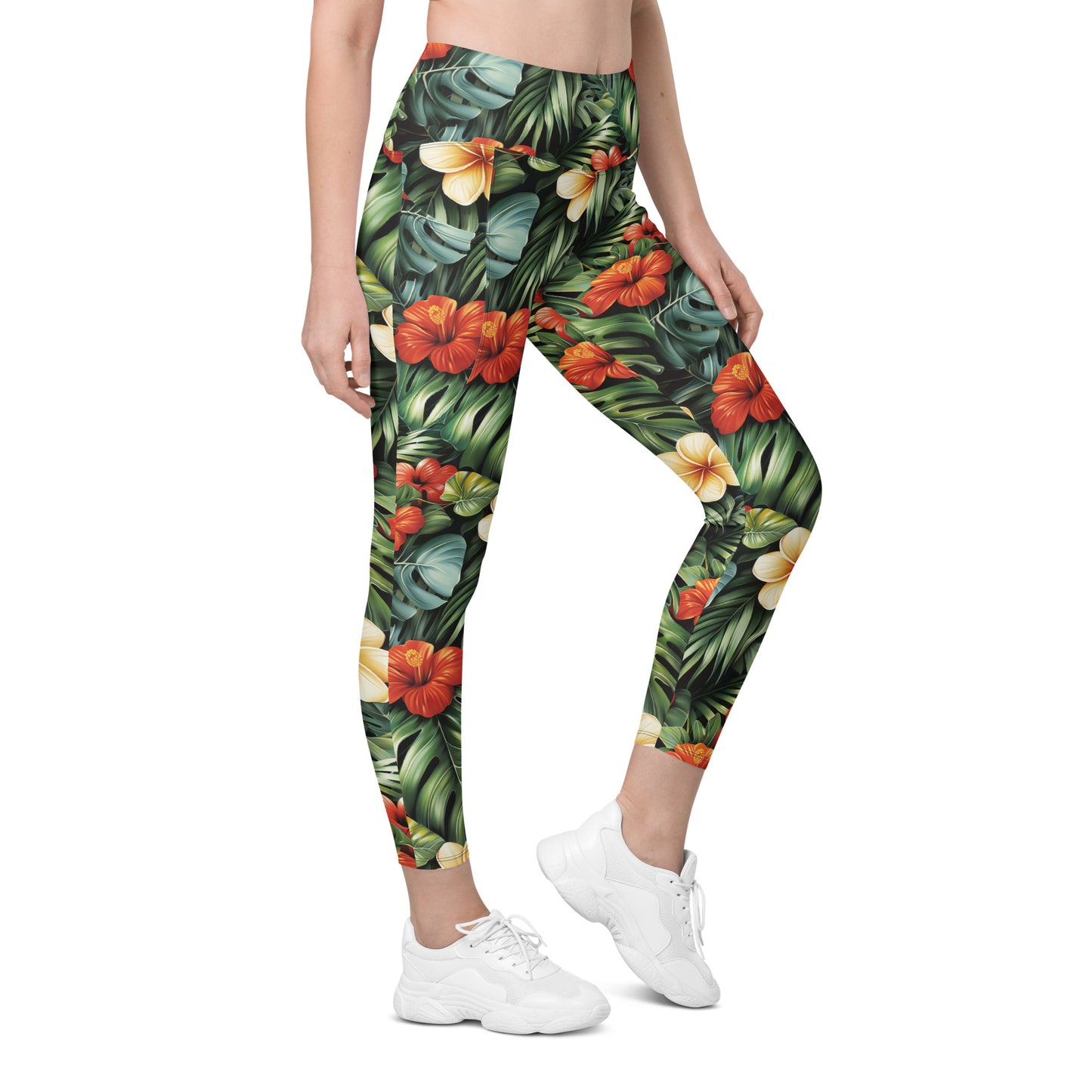 Red & Yellow Hibiscus Flowers Printed Leggings with pockets