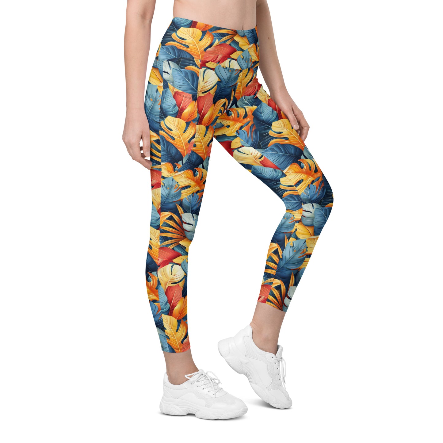 Colorful Tropical Foliage Printed Leggings with pockets