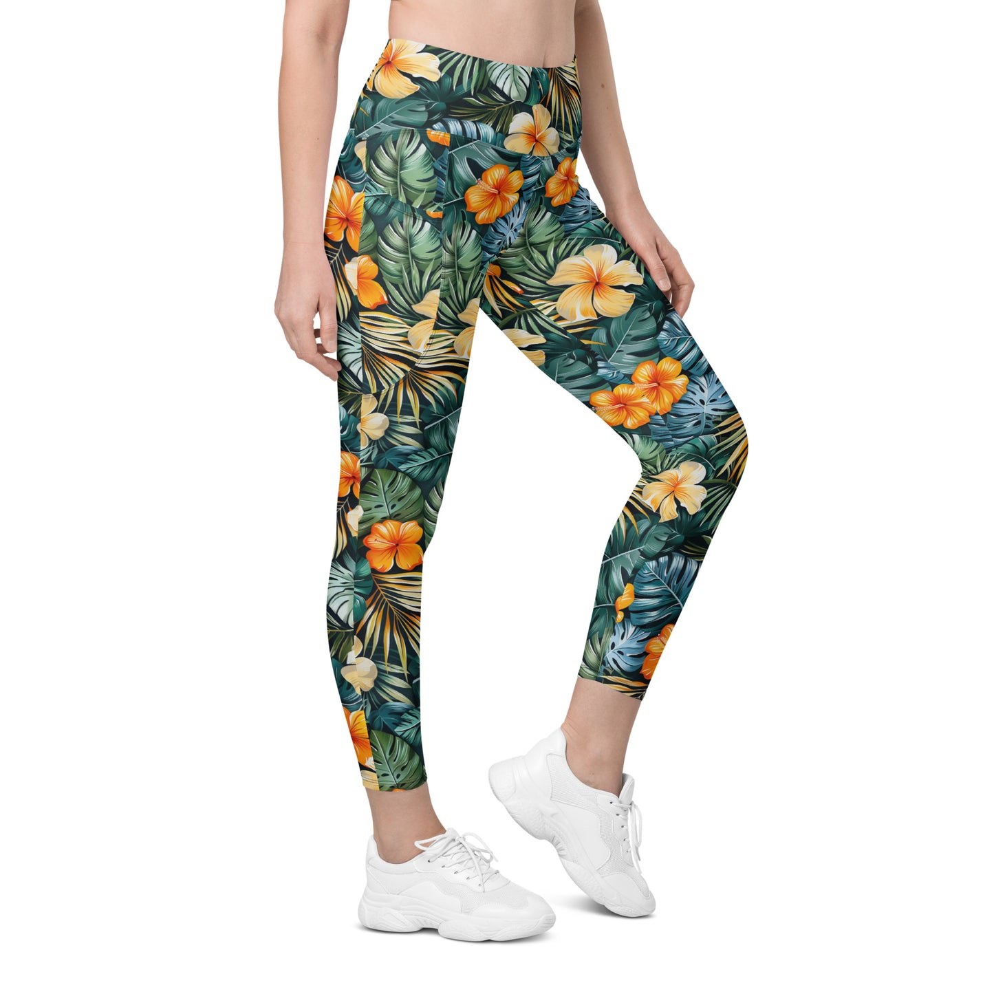 Tropical Floral Pattern Printed Leggings with pockets