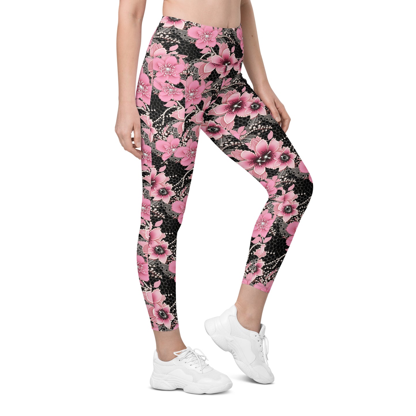 Pink Floral Pearl Printed Leggings with pockets