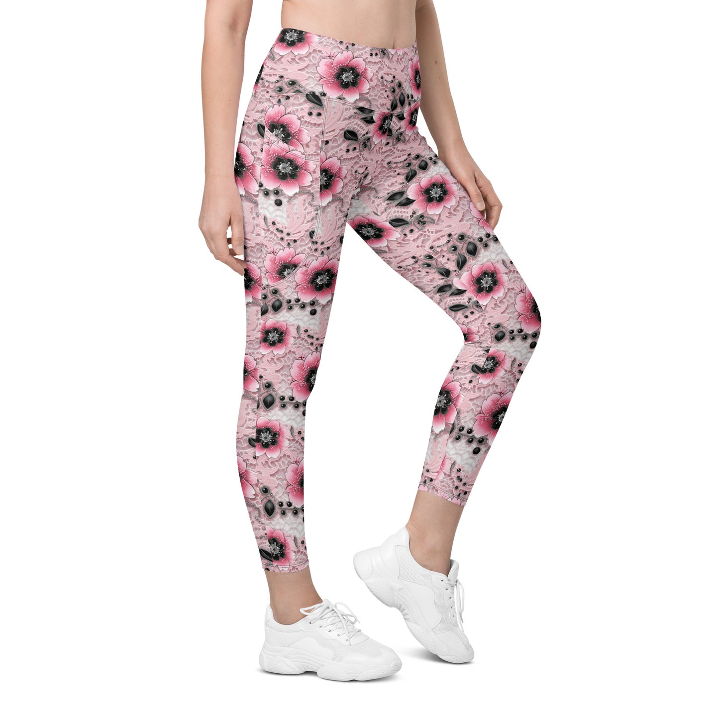 Pink & Black Floral Printed Leggings with pockets