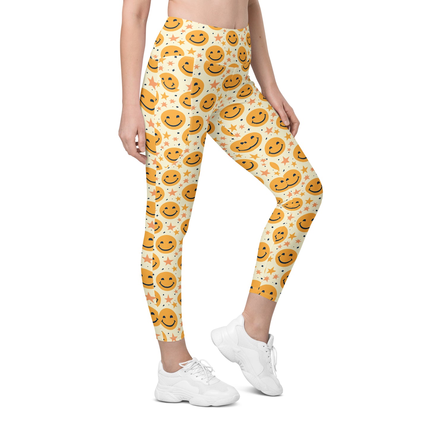 Yellow Emoji & Stars Printed Leggings with pockets