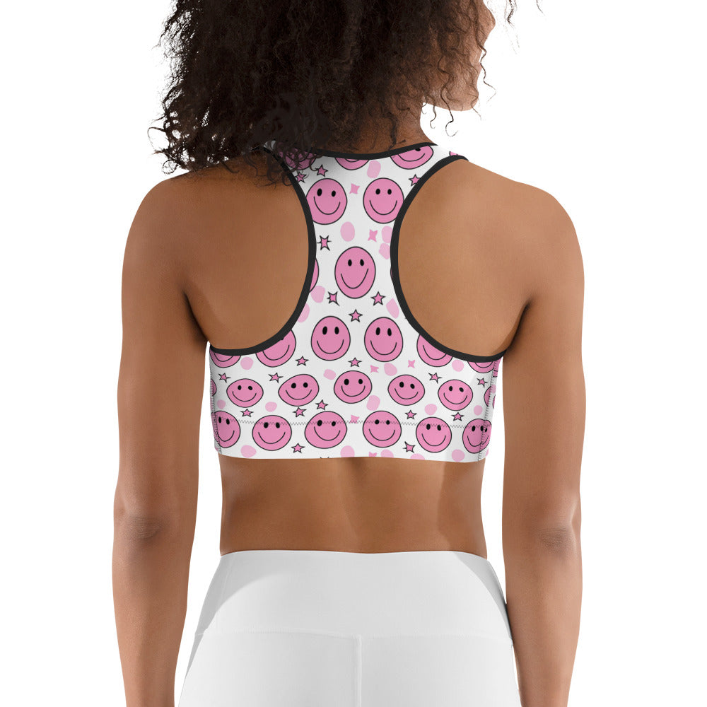 Groovy Pink Emoji Smiley & Stars Printed Sports bra