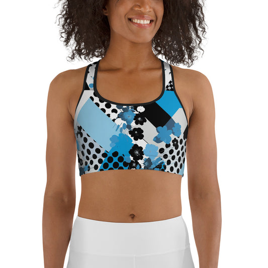 Blue & Black Geometric Pattern Sports bra