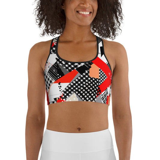 Red & Black Abstract Geometric Pattern Sports bra