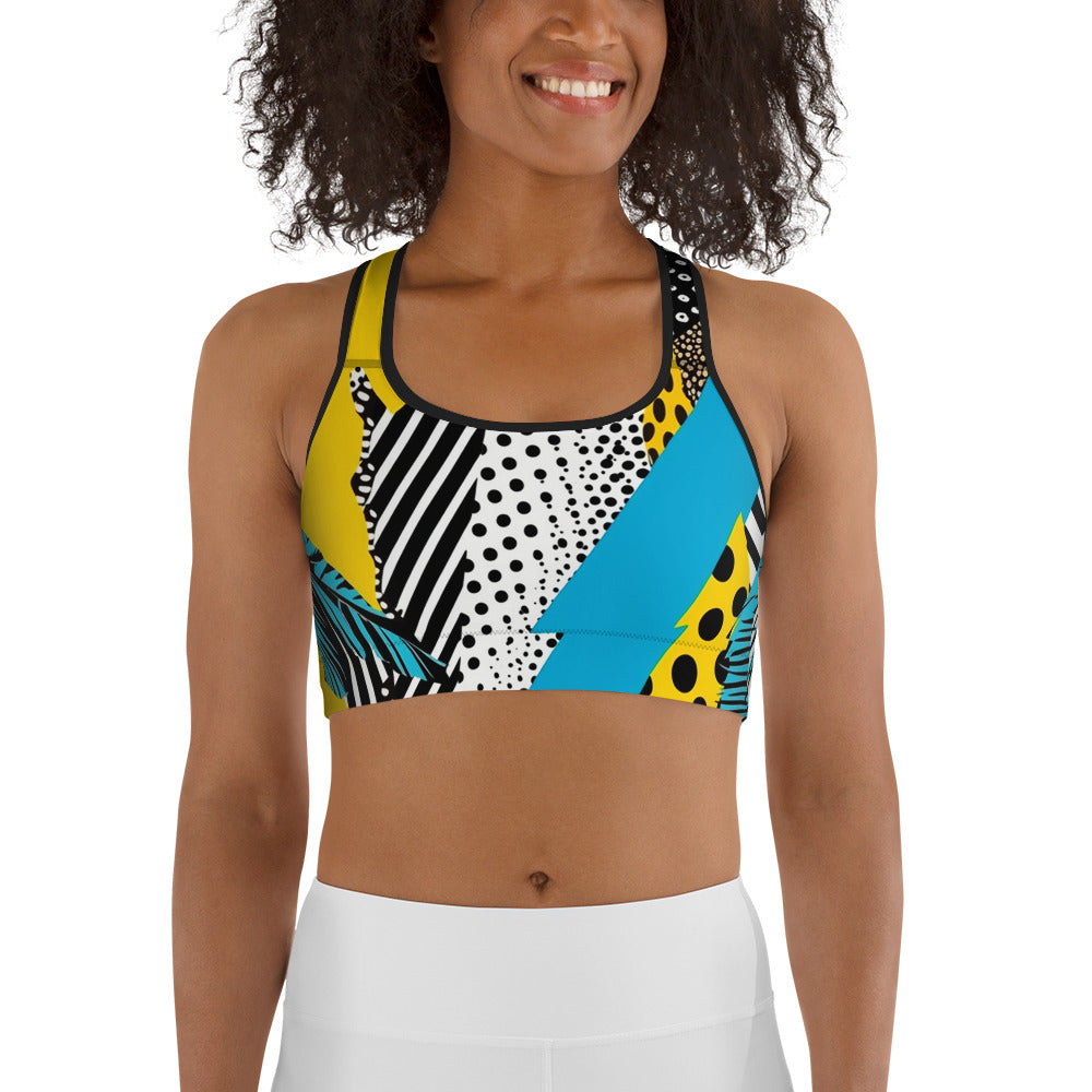 Yellow & Blue Abstract Geometric Pattern Sports bra