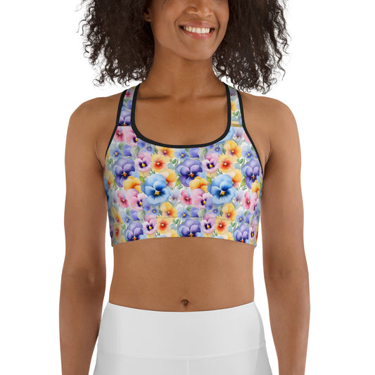 Pansies Watercolor Floral Printed Sports bra