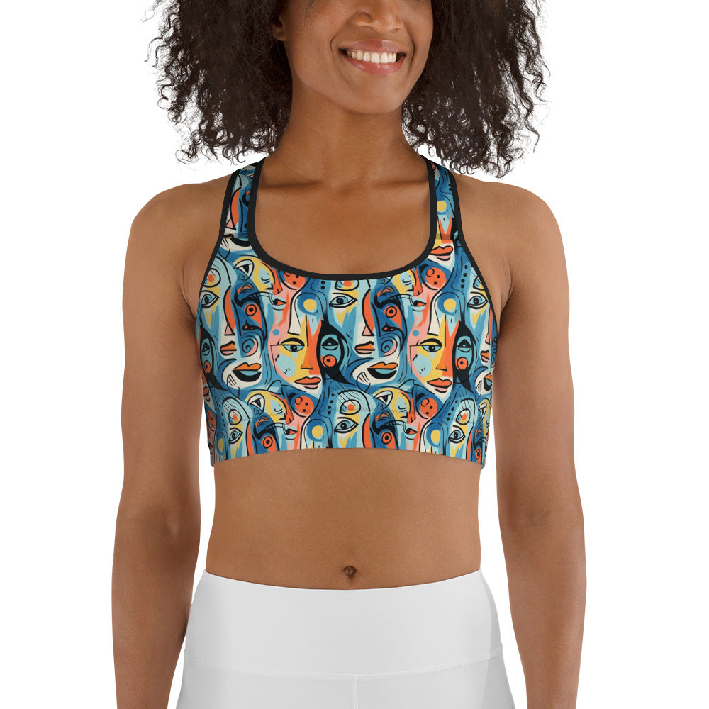 Blue & Yellow Faces Pop Art Printed Sports bra