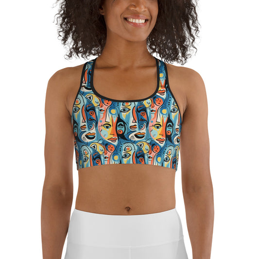 Blue & Yellow Faces Pop Art Printed Sports bra