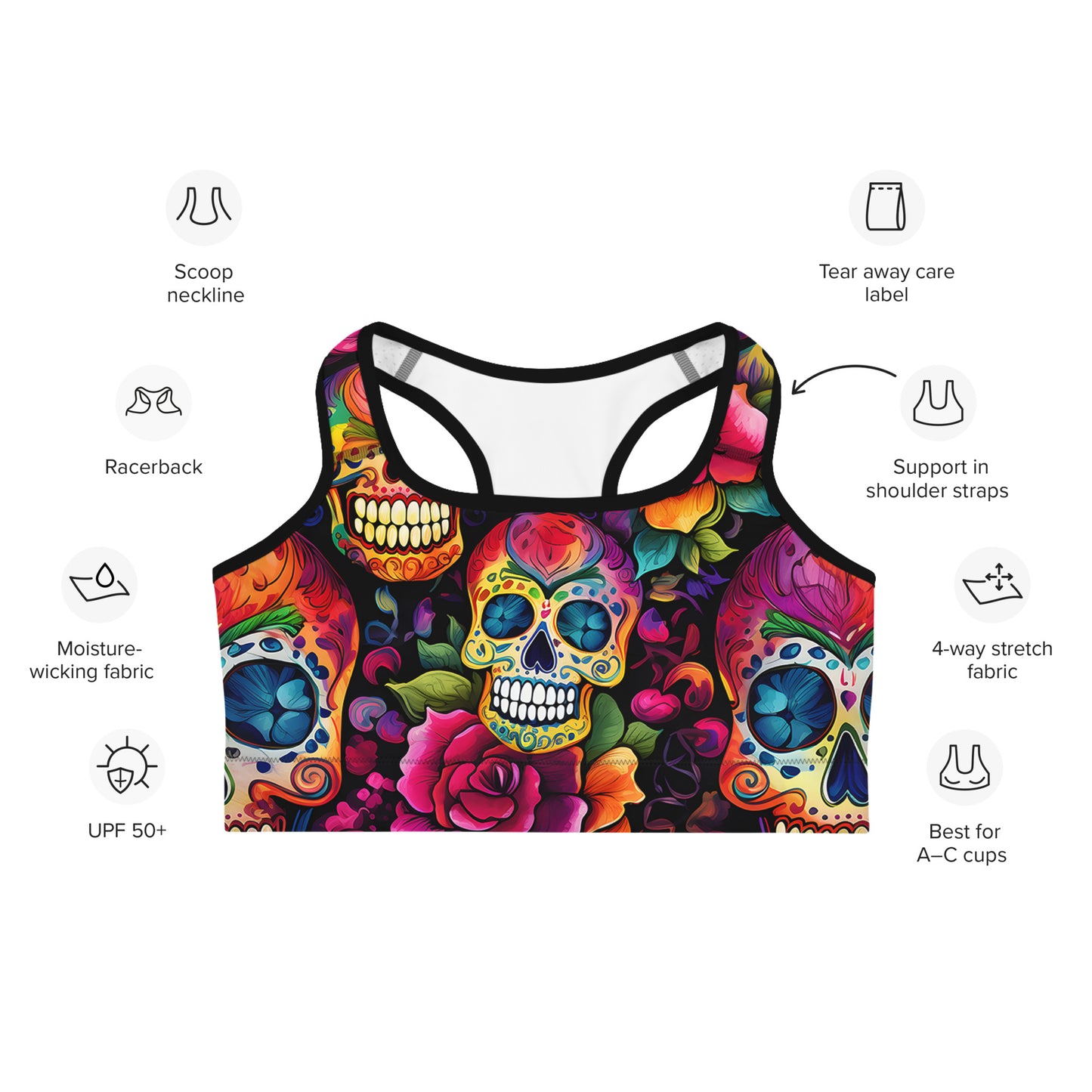 Sugar Skull & Roses Printed Sports bra