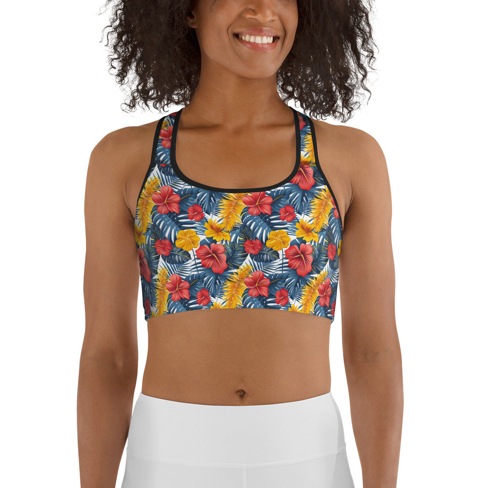 Vibrant Tropical Flowers and Foliage Printed Sports bra