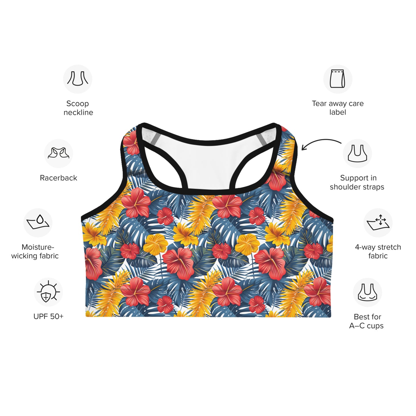 Vibrant Tropical Flowers and Foliage Printed Sports bra