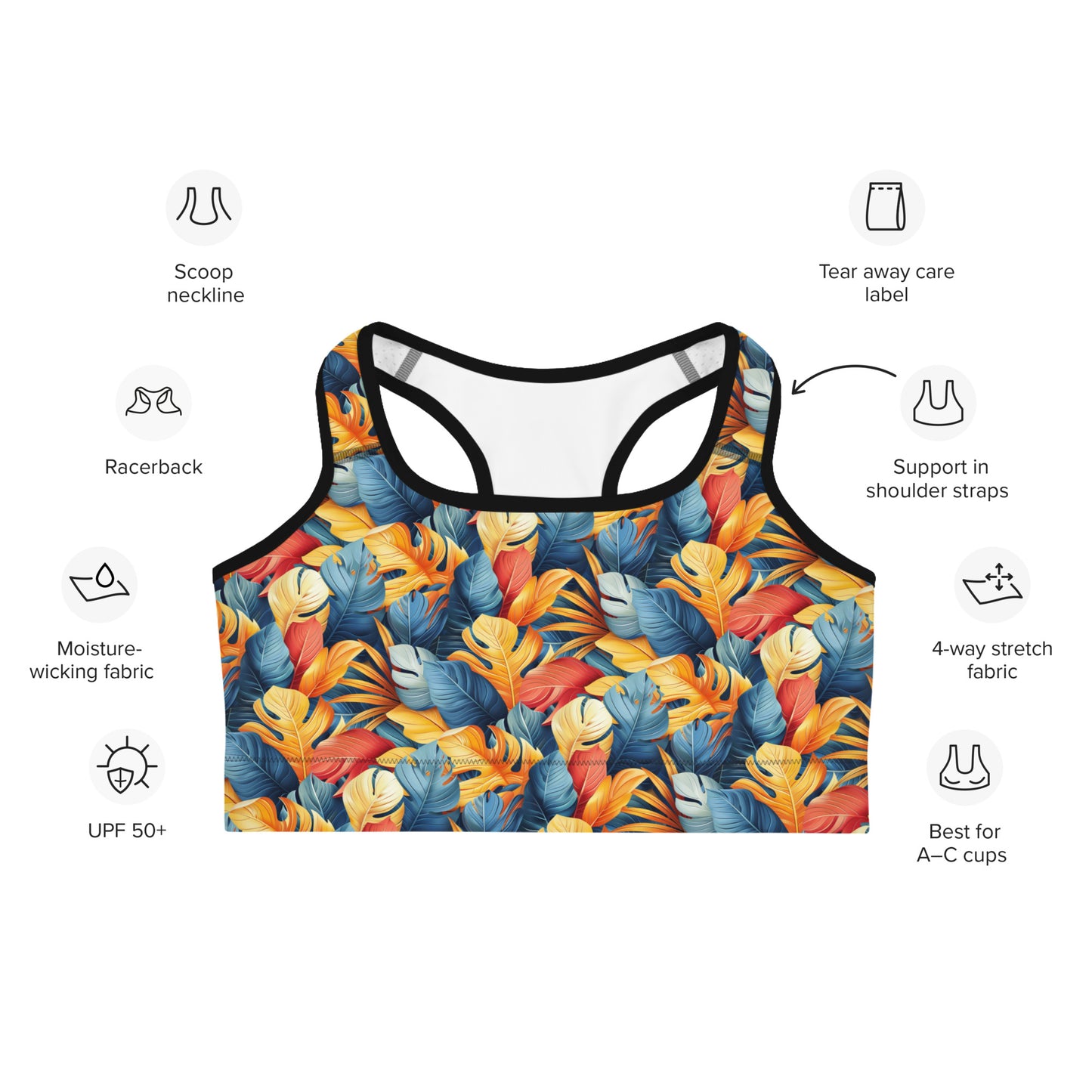 Colorful Tropical Foliage Printed Sports bra