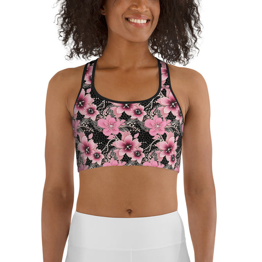 Pink Floral Pearl Printed Sports bra