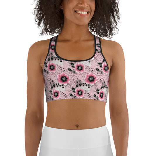 Pink & Black Floral Printed Sports bra