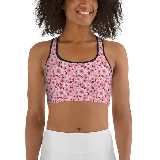 Pink Cherry Blossom Floral Pattern Sports bra