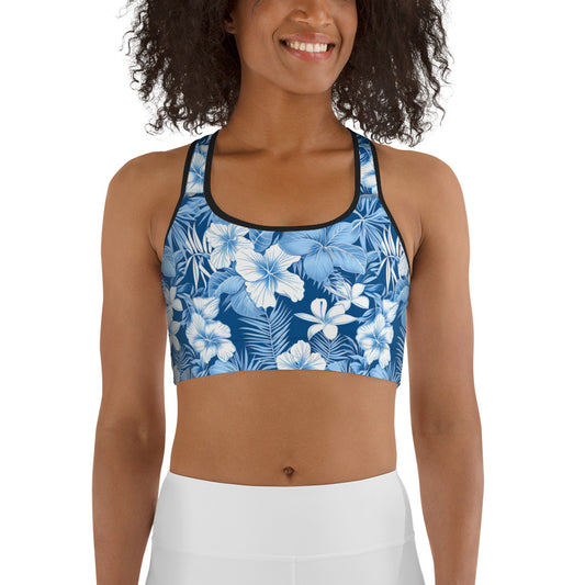 Shades of Blue Hibiscus Floral Printed Sports bra