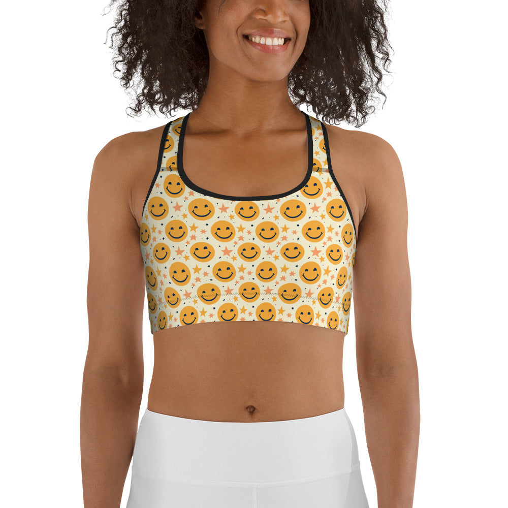 Yellow Emoji & Stars Printed Sports bra