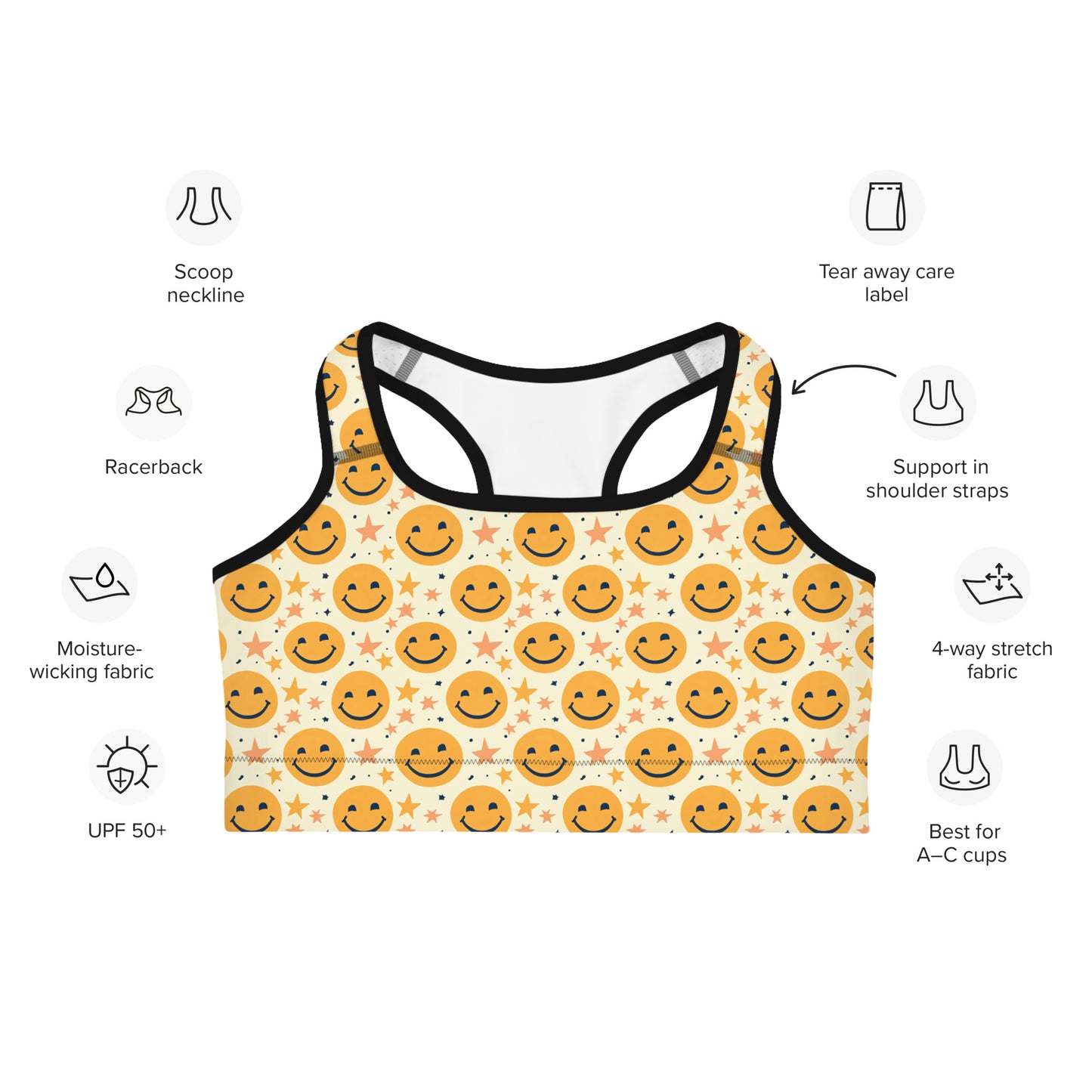 Yellow Emoji & Stars Printed Sports bra