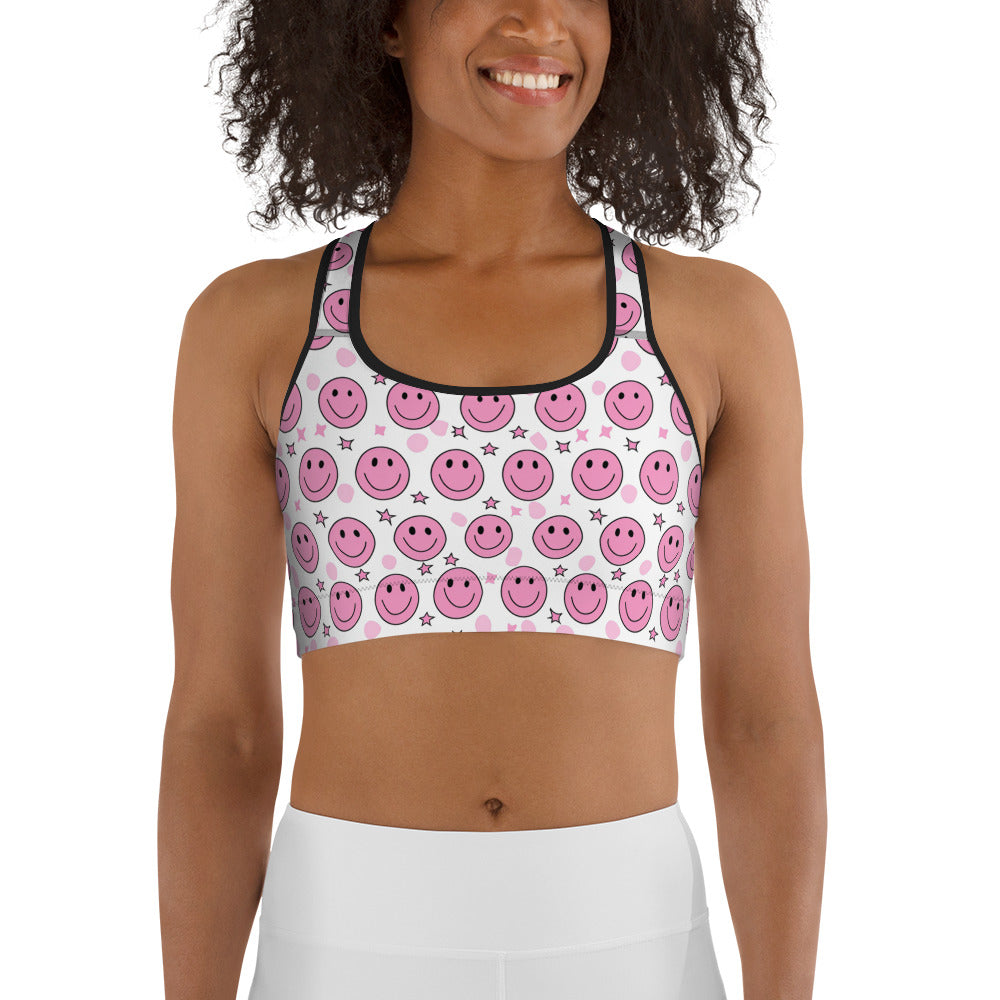 Groovy Pink Emoji Smiley & Stars Printed Sports bra