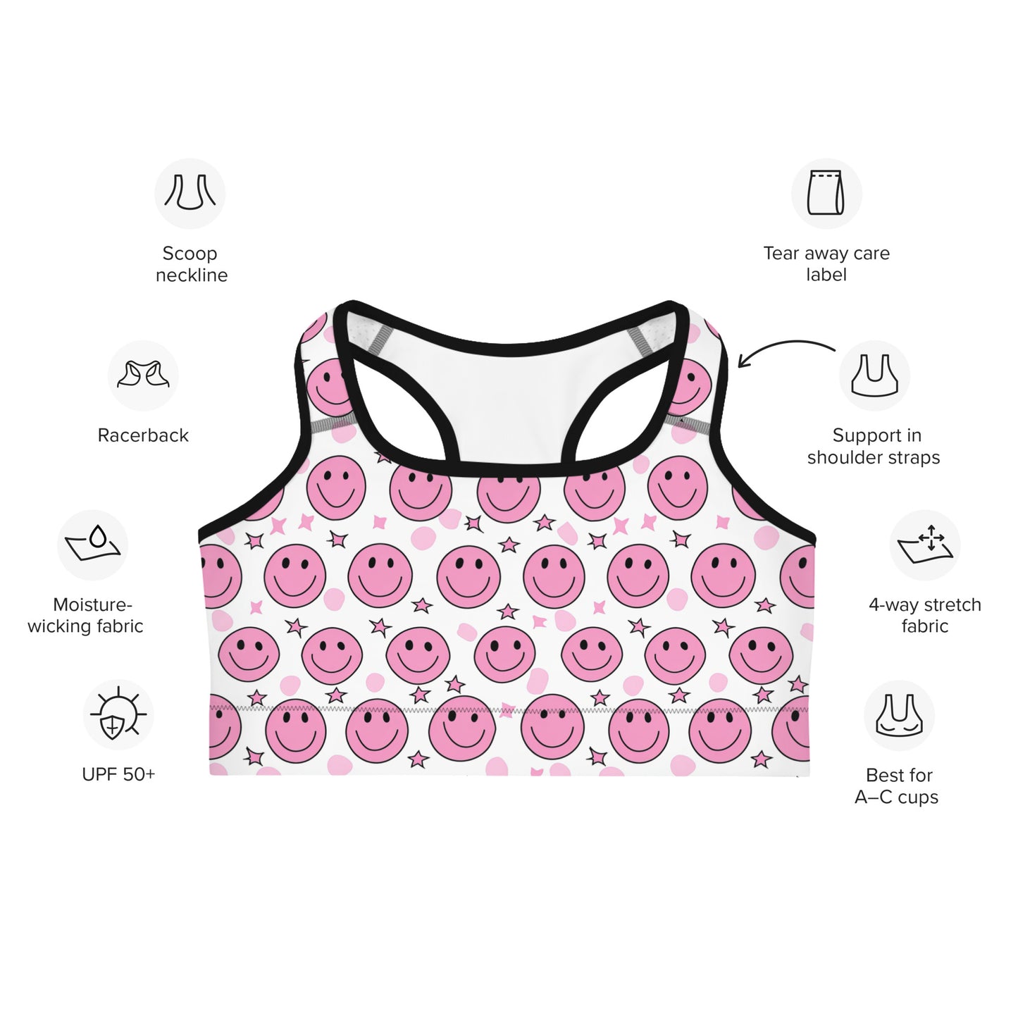 Groovy Pink Emoji Smiley & Stars Printed Sports bra