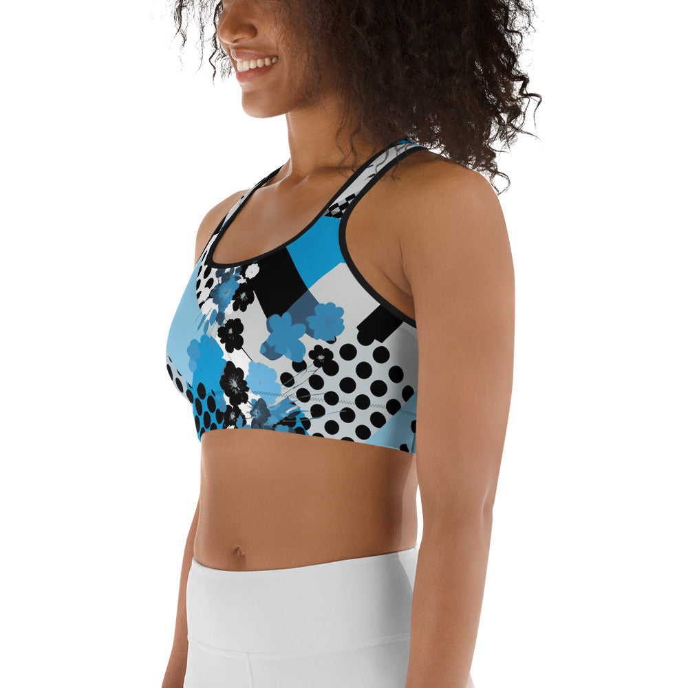 Blue & Black Geometric Pattern Sports bra