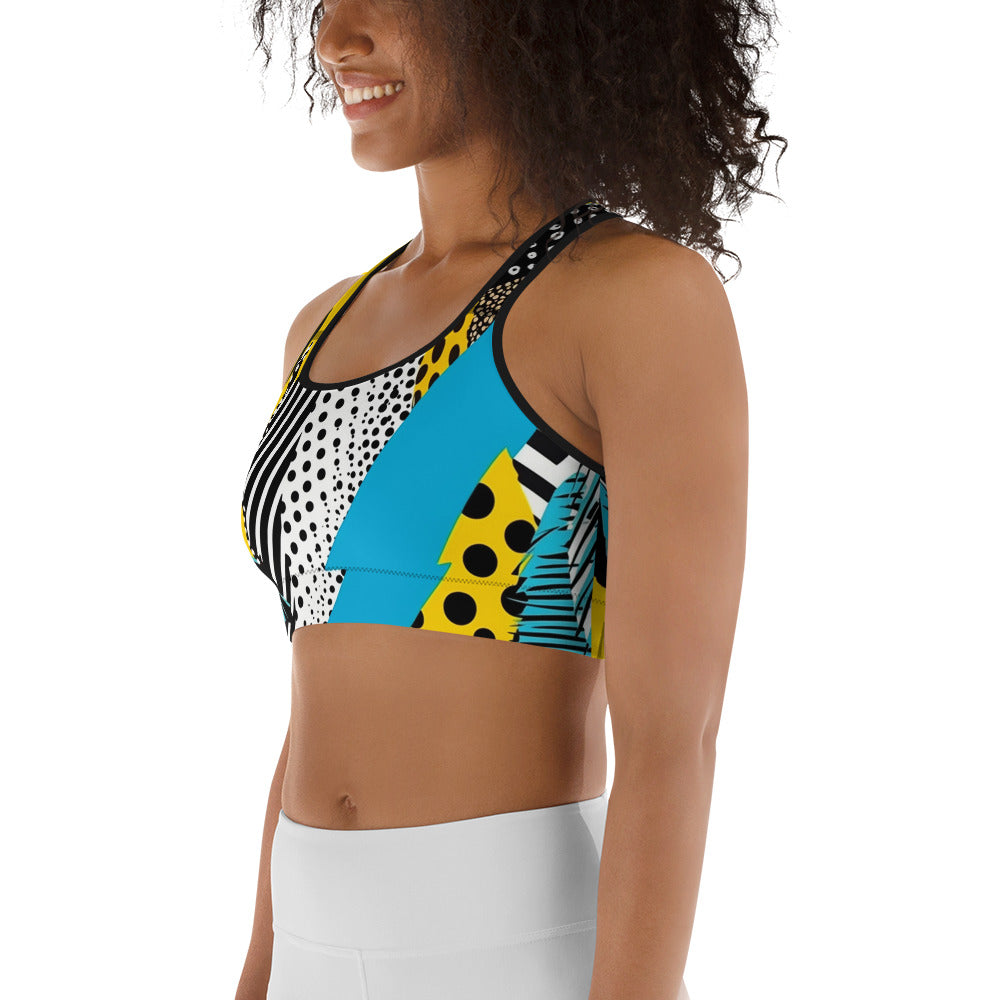 Yellow & Blue Abstract Geometric Pattern Sports bra