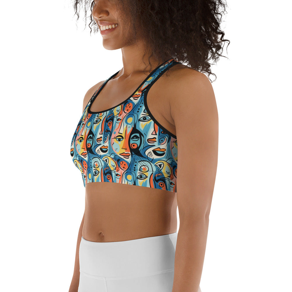 Blue & Yellow Faces Pop Art Printed Sports bra