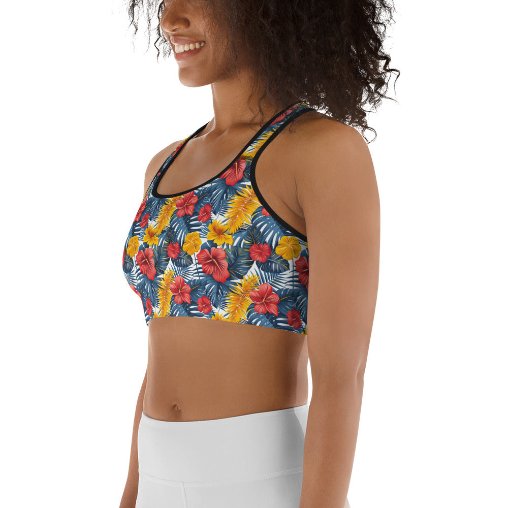 Vibrant Tropical Flowers and Foliage Printed Sports bra