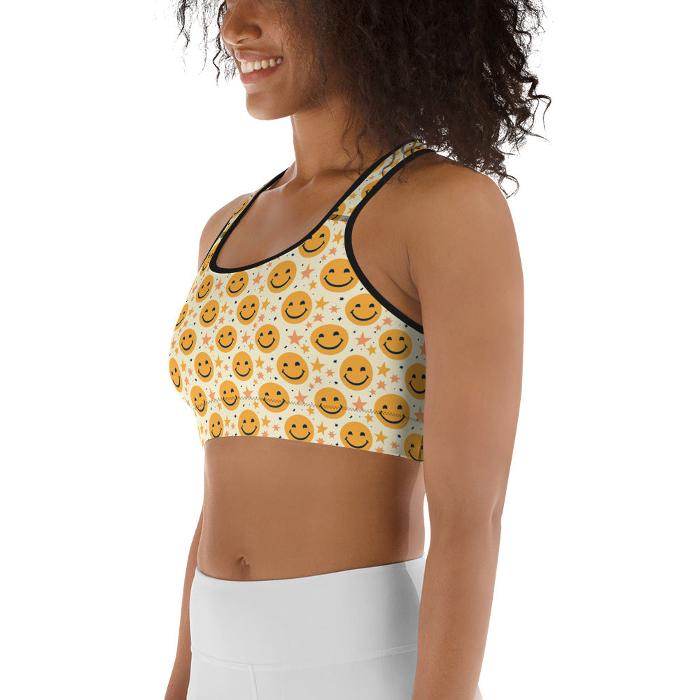 Yellow Emoji & Stars Printed Sports bra