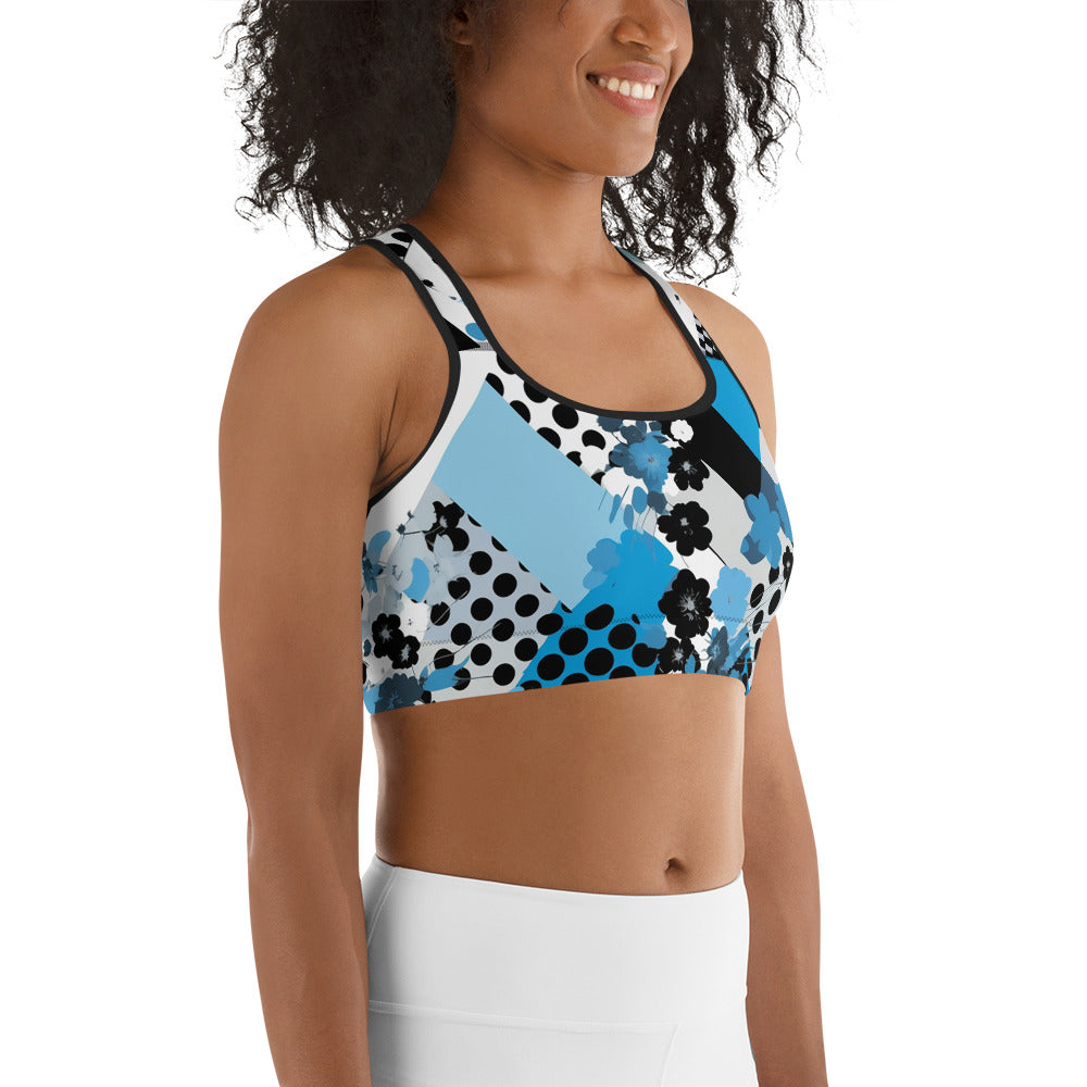 Blue & Black Geometric Pattern Sports bra