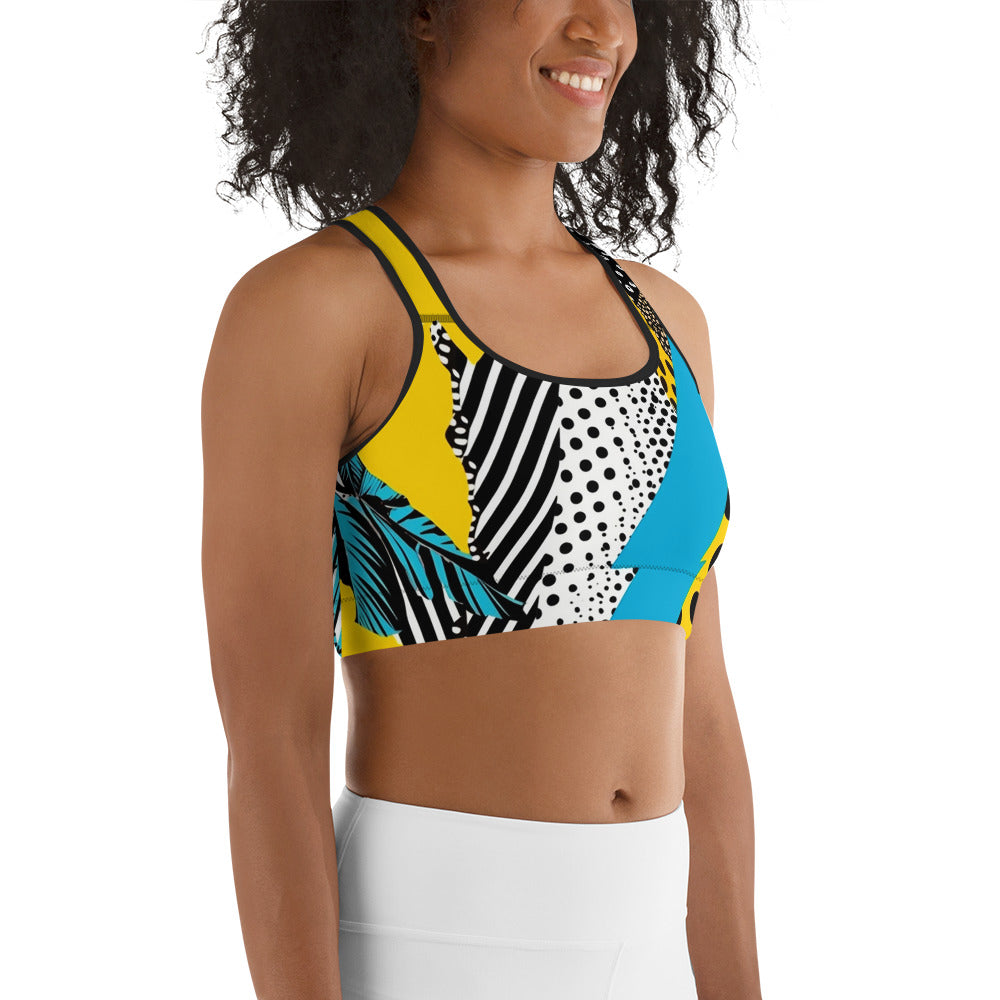 Yellow & Blue Abstract Geometric Pattern Sports bra