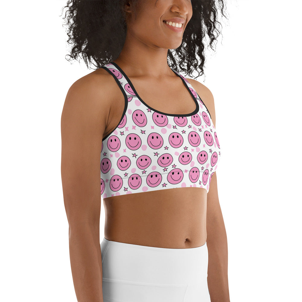 Groovy Pink Emoji Smiley & Stars Printed Sports bra