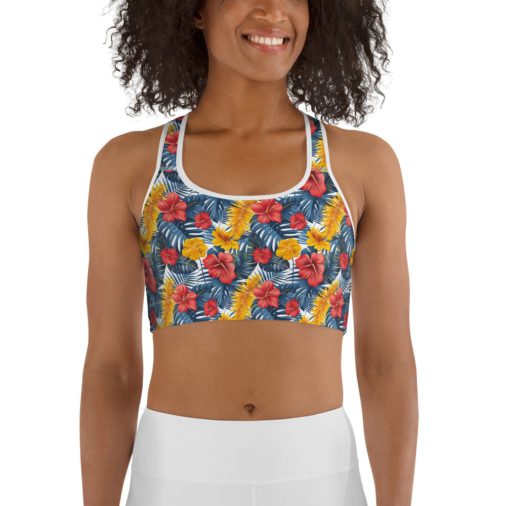 Vibrant Tropical Flowers and Foliage Printed Sports bra