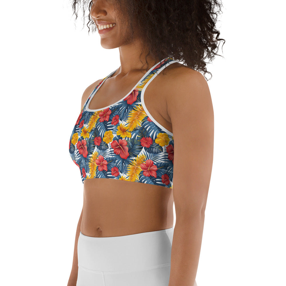 Vibrant Tropical Flowers and Foliage Printed Sports bra