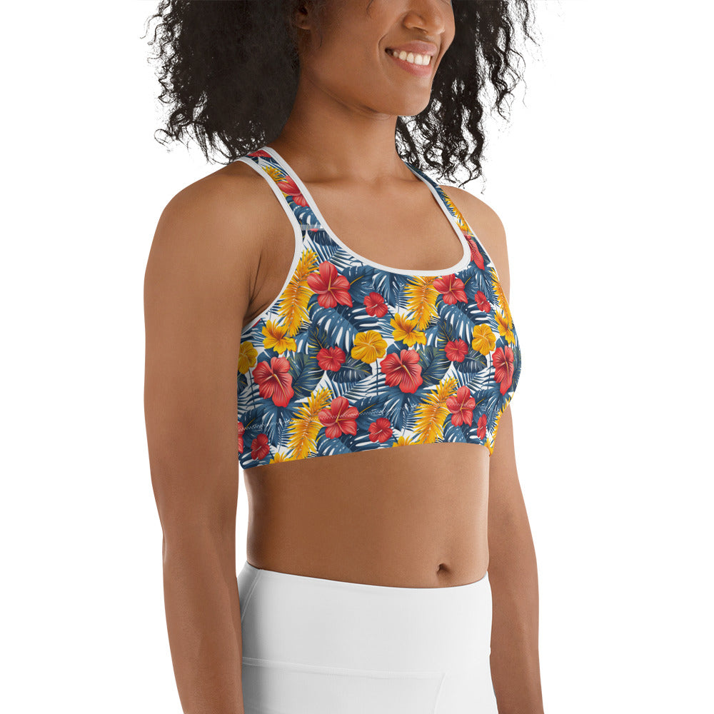 Vibrant Tropical Flowers and Foliage Printed Sports bra