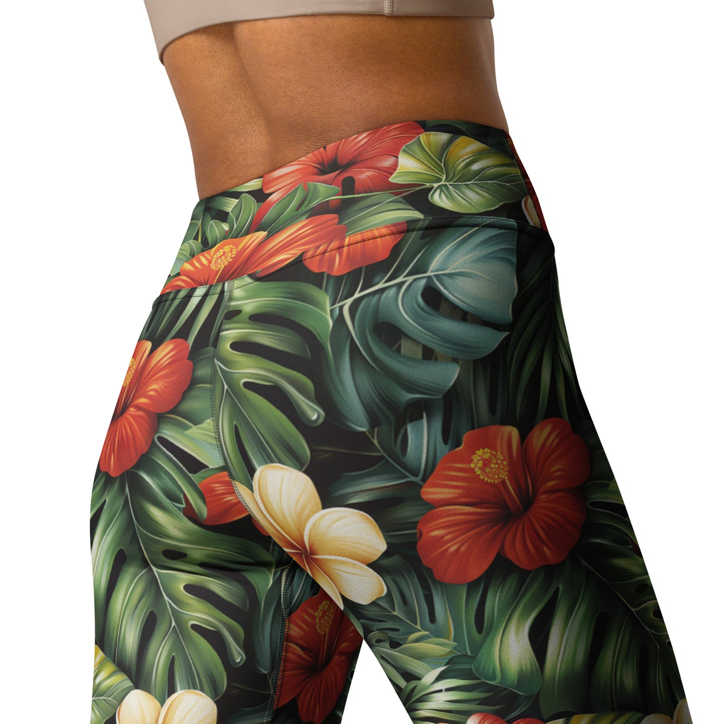 Red & Yellow Hibiscus Floral Printed Yoga Leggings