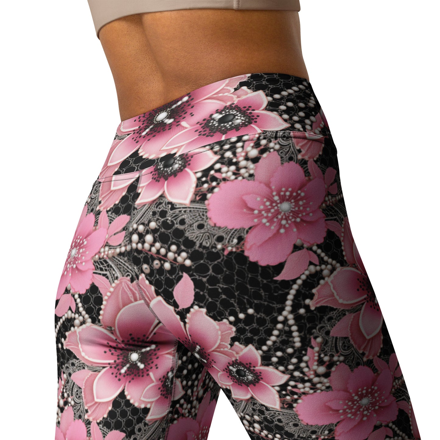 Pink Floral Pearl Pattern Printed Yoga Leggings