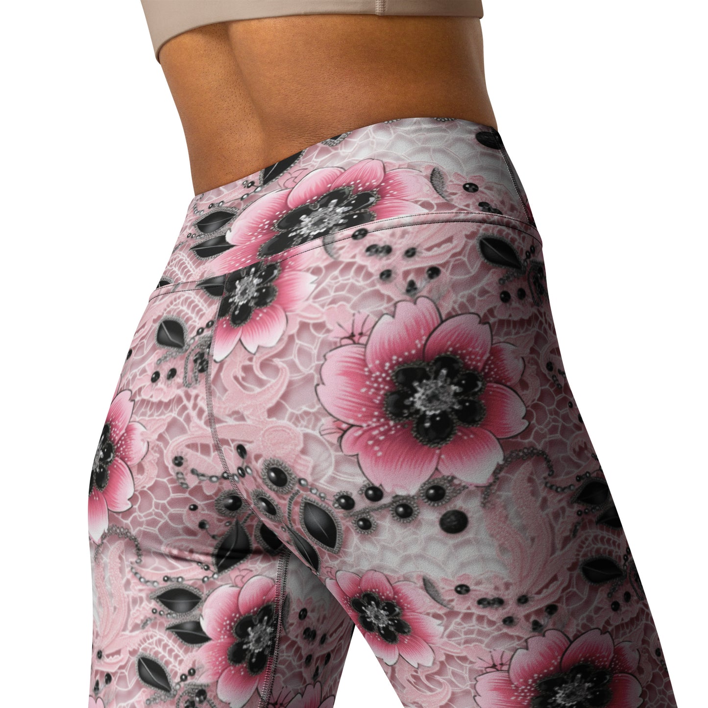 Pink & Black Floral Printed Yoga Leggings