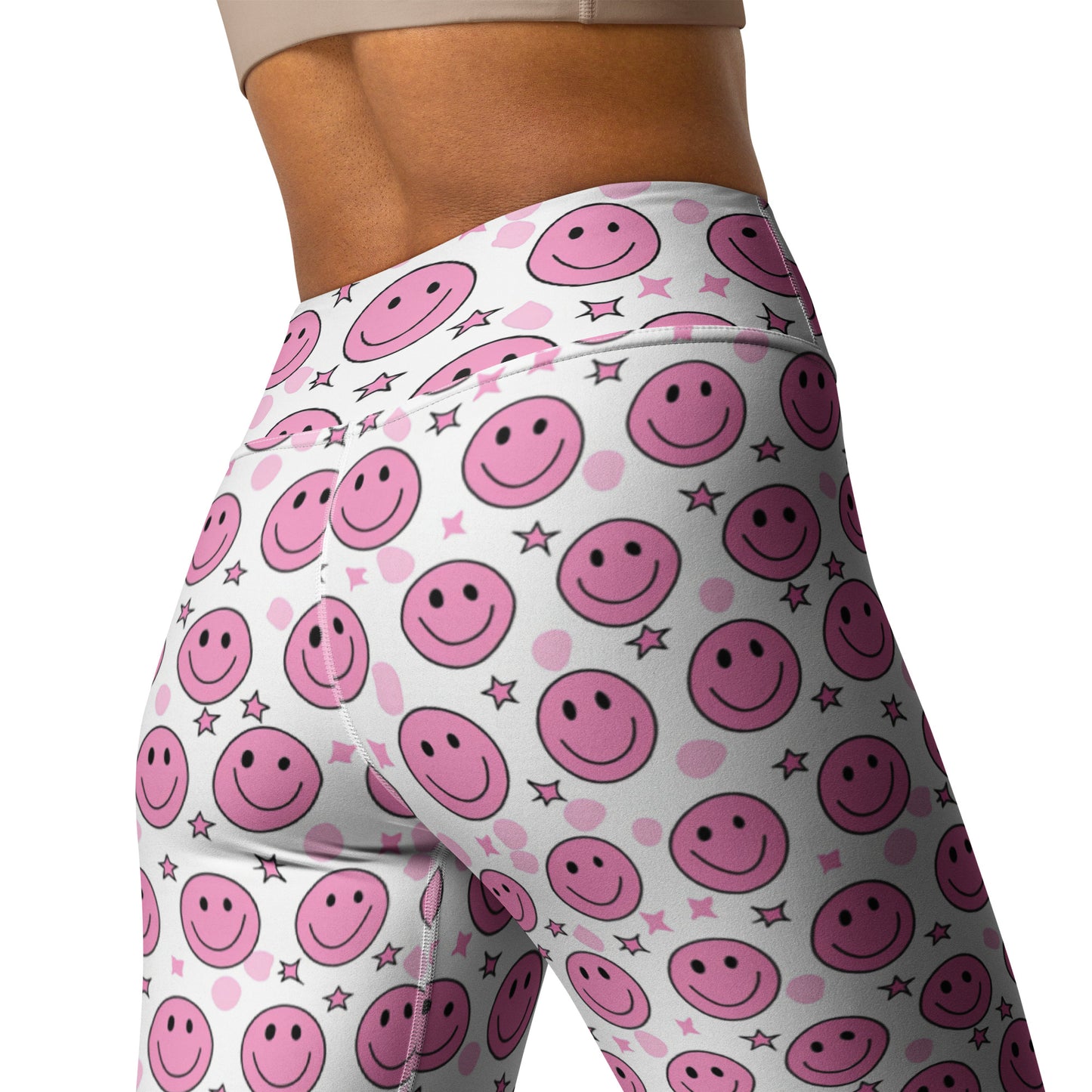 Groovy Pink Emoji Smiley & Stars Printed Yoga Leggings