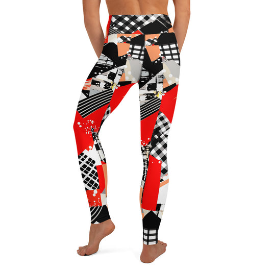 Red & Black Abstract Geometric Pattern Yoga Leggings