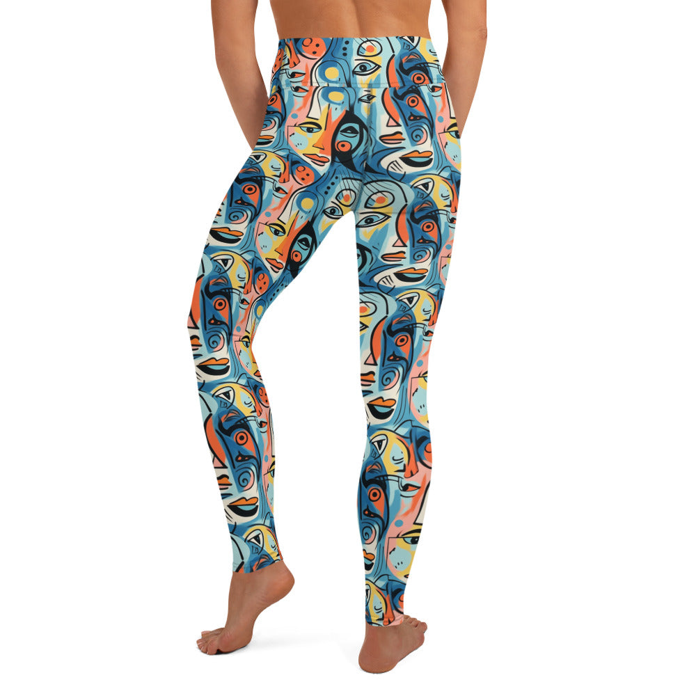 Blue & Yellow Faces Pop Art Printed Yoga Leggings