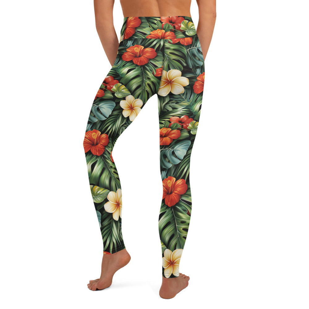 Red & Yellow Hibiscus Floral Printed Yoga Leggings