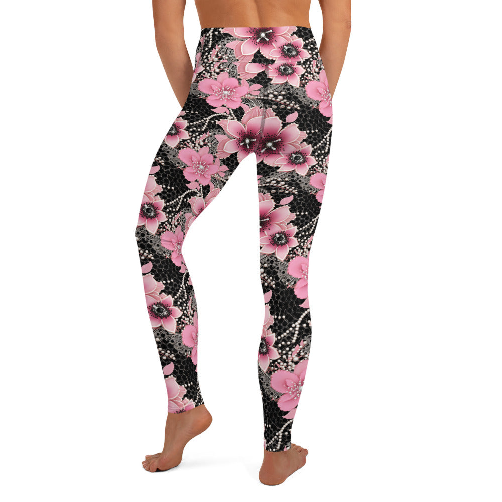 Pink Floral Pearl Pattern Printed Yoga Leggings