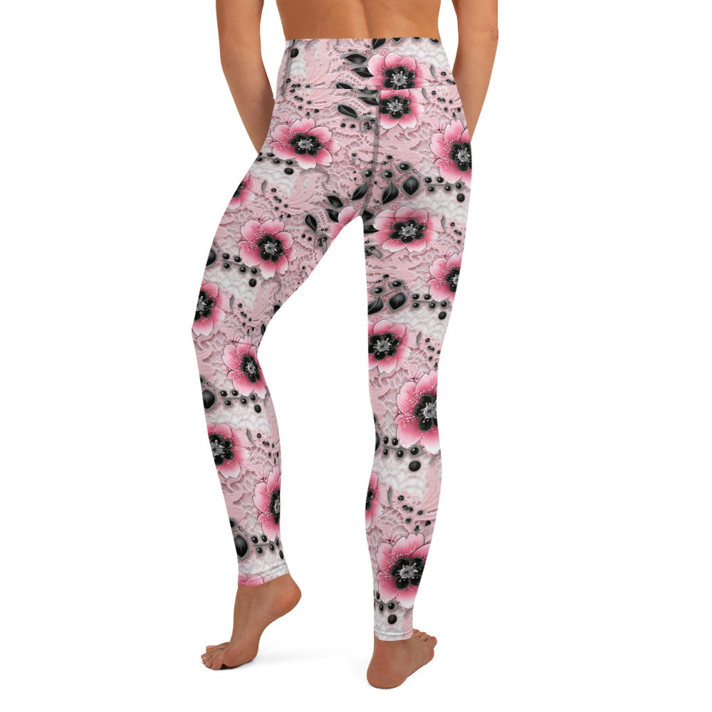 Pink & Black Floral Printed Yoga Leggings