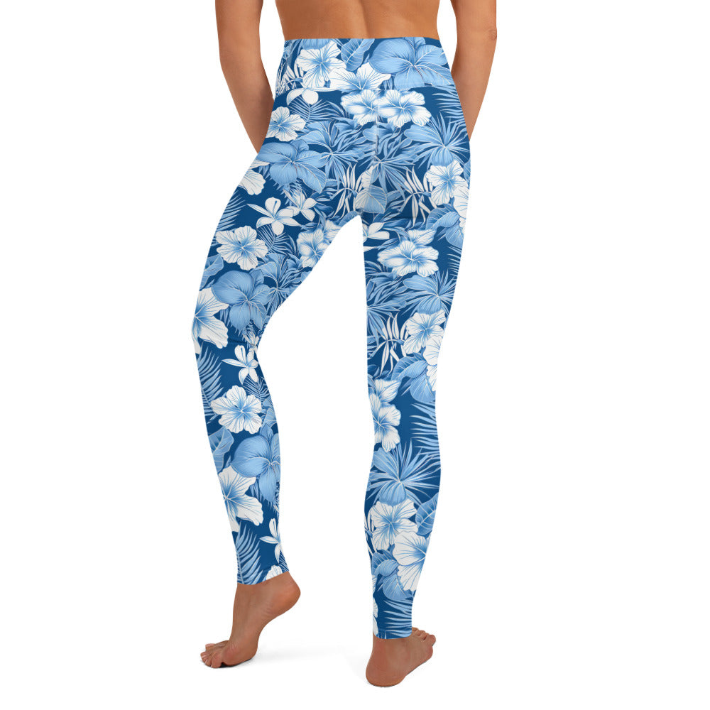 Shades of Blue Hibiscus Floral Printed Yoga Leggings