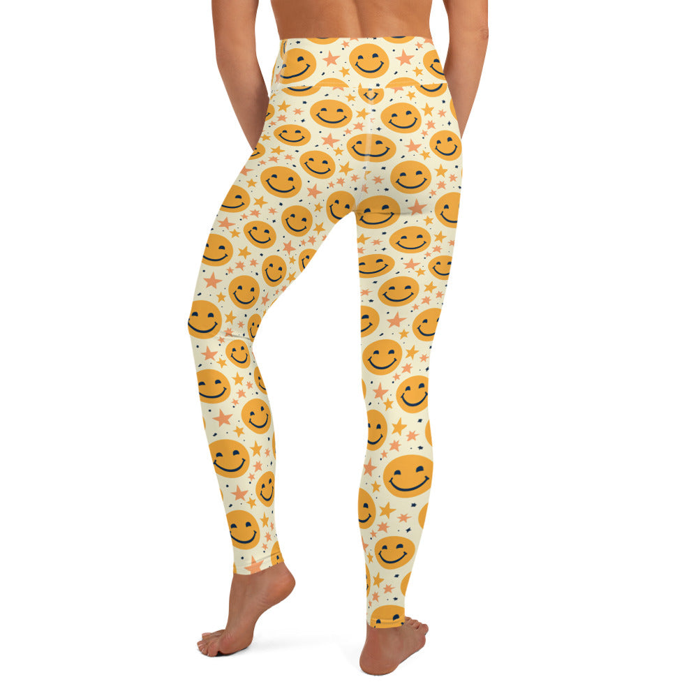 Yellow Emoji & Stars Printed Yoga Leggings