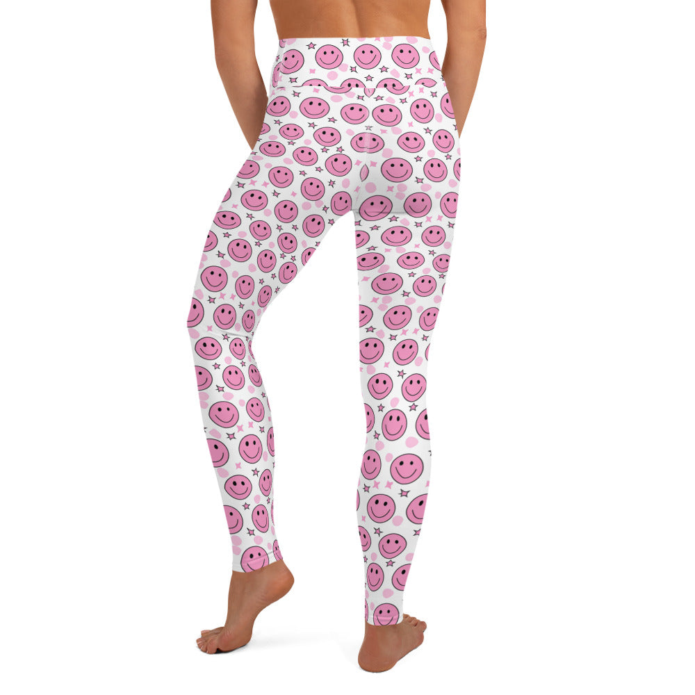 Groovy Pink Emoji Smiley & Stars Printed Yoga Leggings