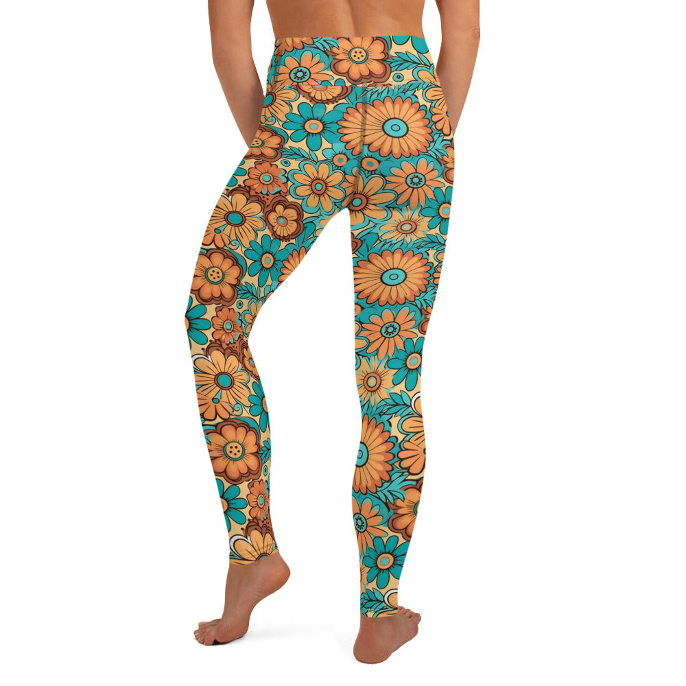 Turquois and Golden Floral Hippie Yoga Leggings