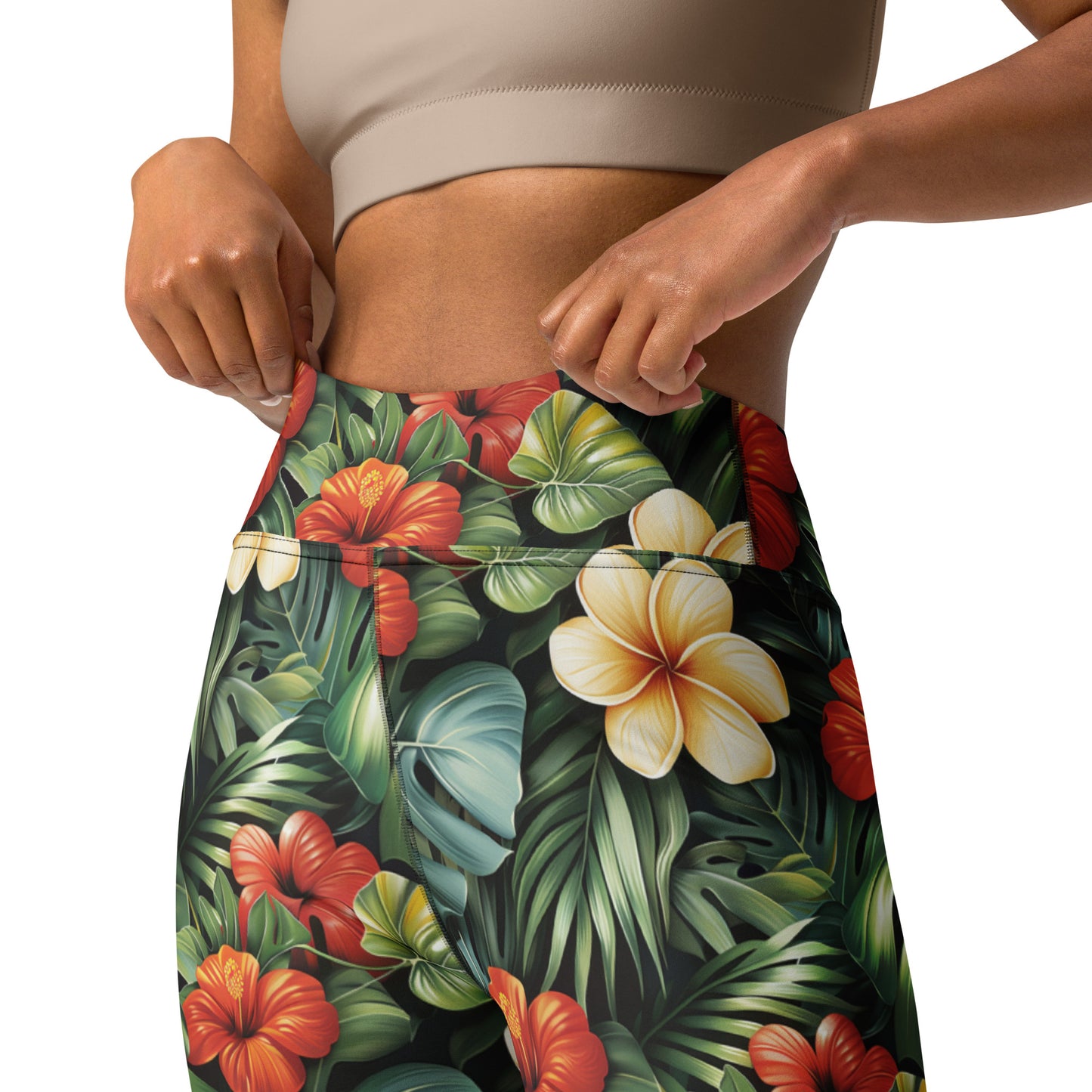 Red & Yellow Hibiscus Floral Printed Yoga Leggings